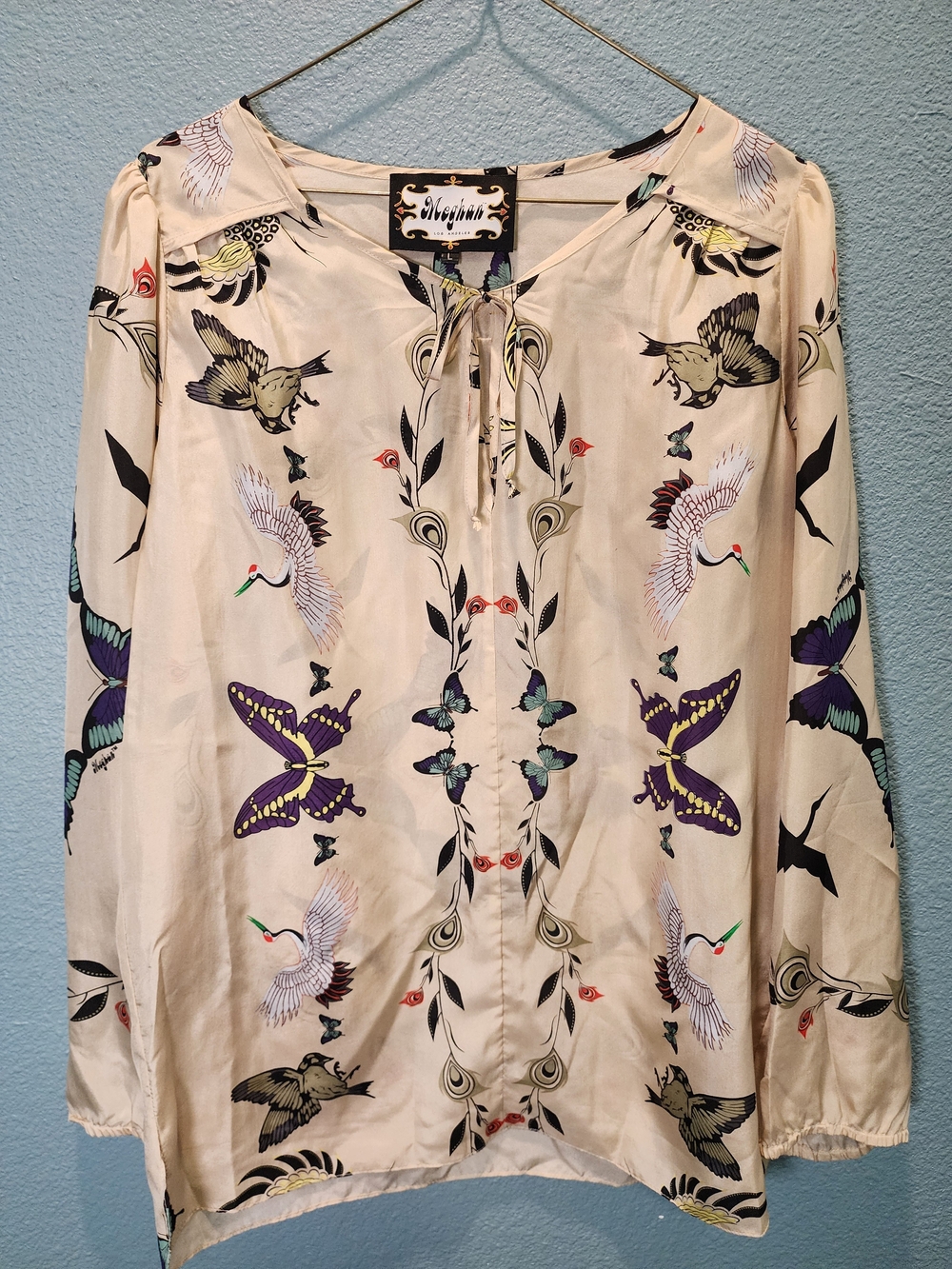 Magaschoni Cream Blouse with Purple & Green Butterfly Print